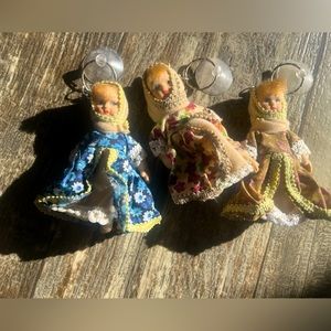 Bundle of 3 Keychain Polish Babushka Style Porcelain Dolls with window sticker